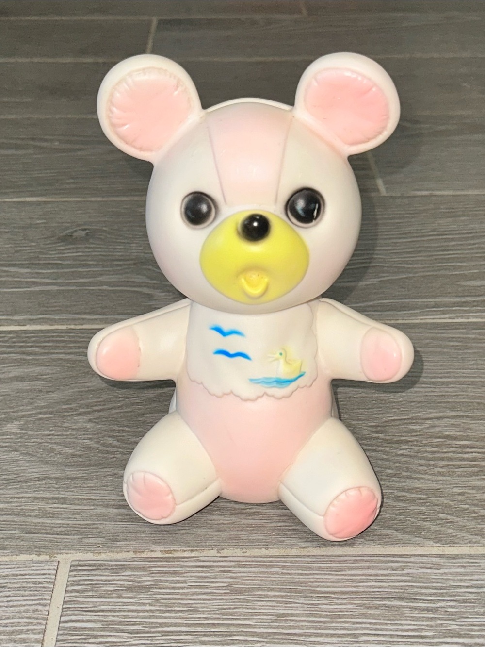 Vintage Sanitoy Rubber Squeak Toy Bear Pink & White 1950s Baby Toy MCM
